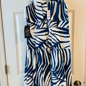 White House Black Market Navy and White Patterned Midi Dress